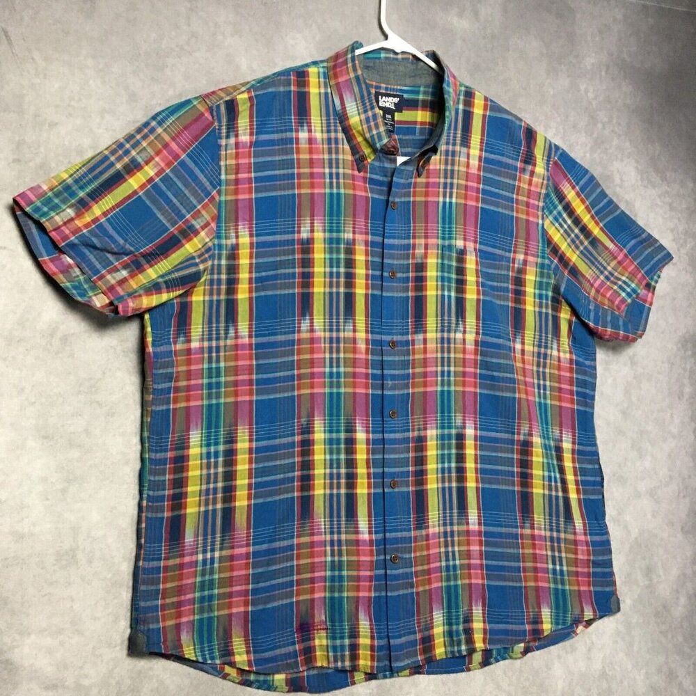 Lands End Men Button Up Front Shirt size XXL Short Sleeve Pocket Blue Pink Plaid